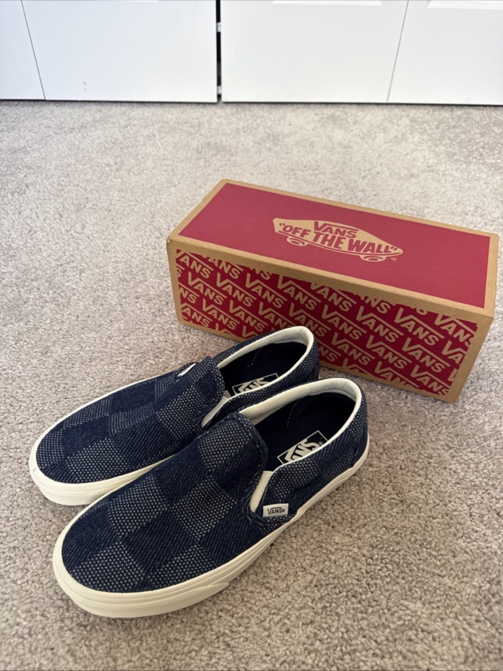 NWB Vans Classic Slip-On Denim Check Navy Women 9 Mens 7.5